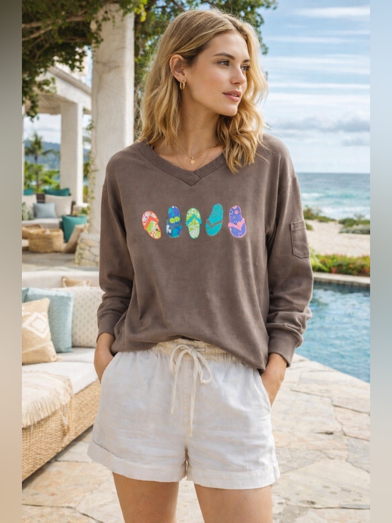 Fresh Produce Flip Flop Graphic Sweatshirt Brown Cotton Beachy Size Medium